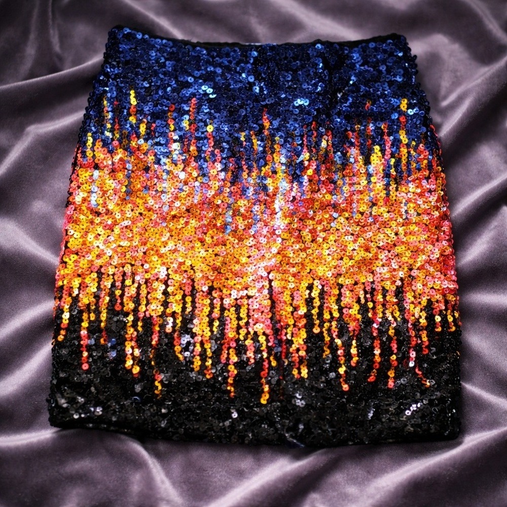 MANER Womens XS Sequined‎ Ombre Mini Skirt Blue Orange Black Fire MA581 NWT